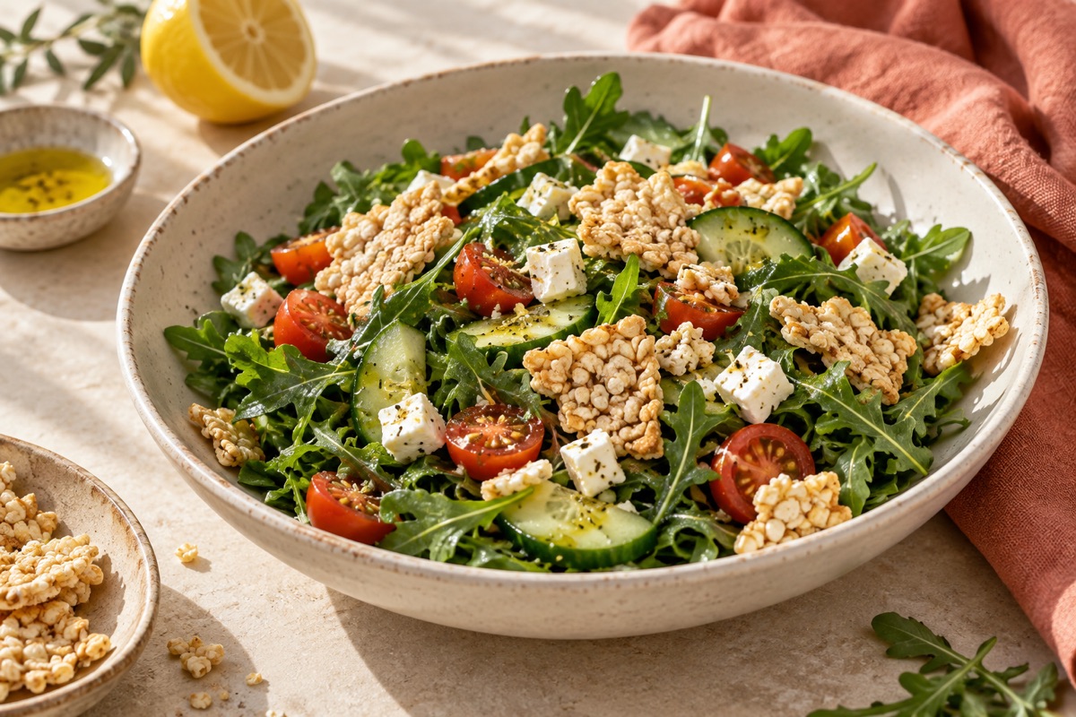 Bulgur patlaklarıyla hazırlanan roka, domates ve peynirli salata