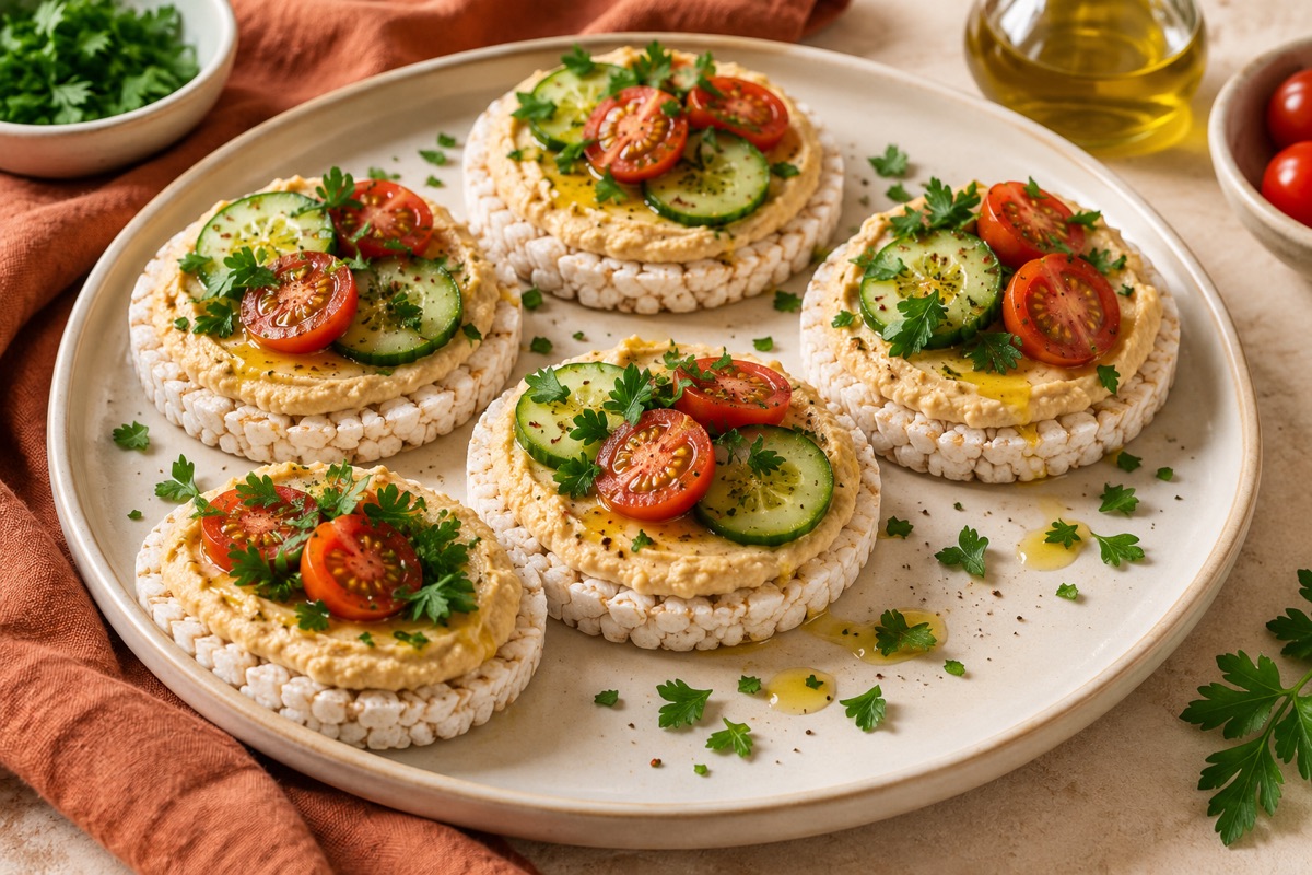 Humus, salatalık ve domatesle hazırlanan pirinç patlakları